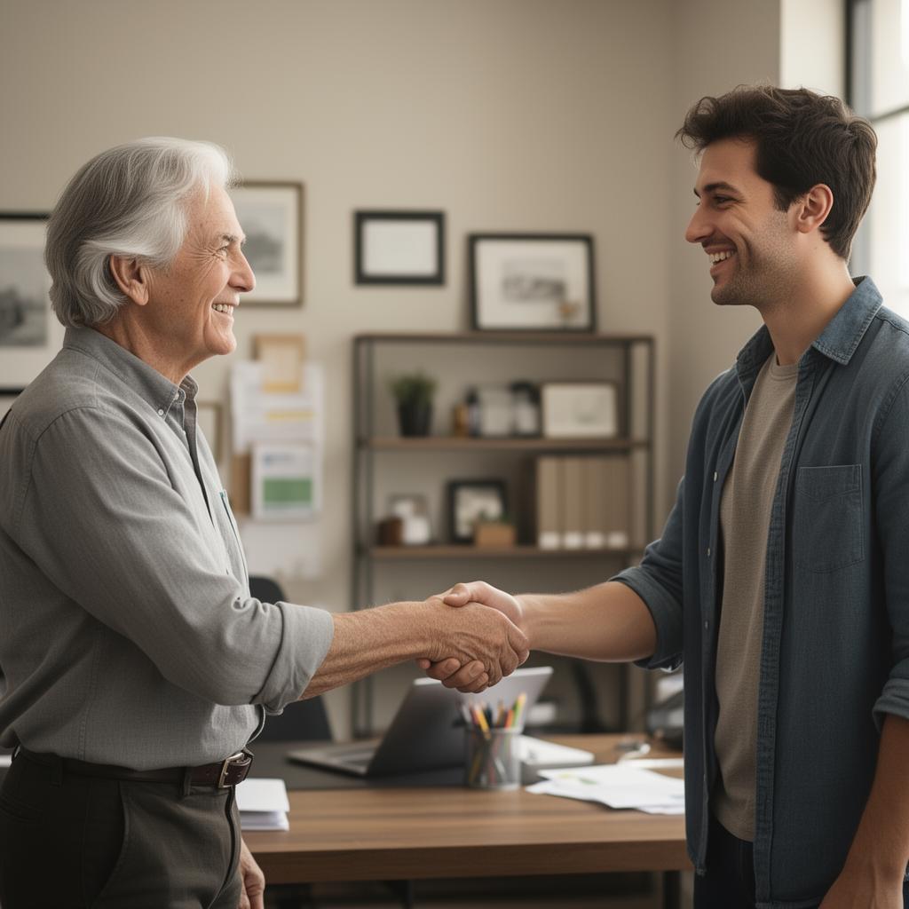 A founder shaking hands with the Rainmaker team — partnership, not acquisition.